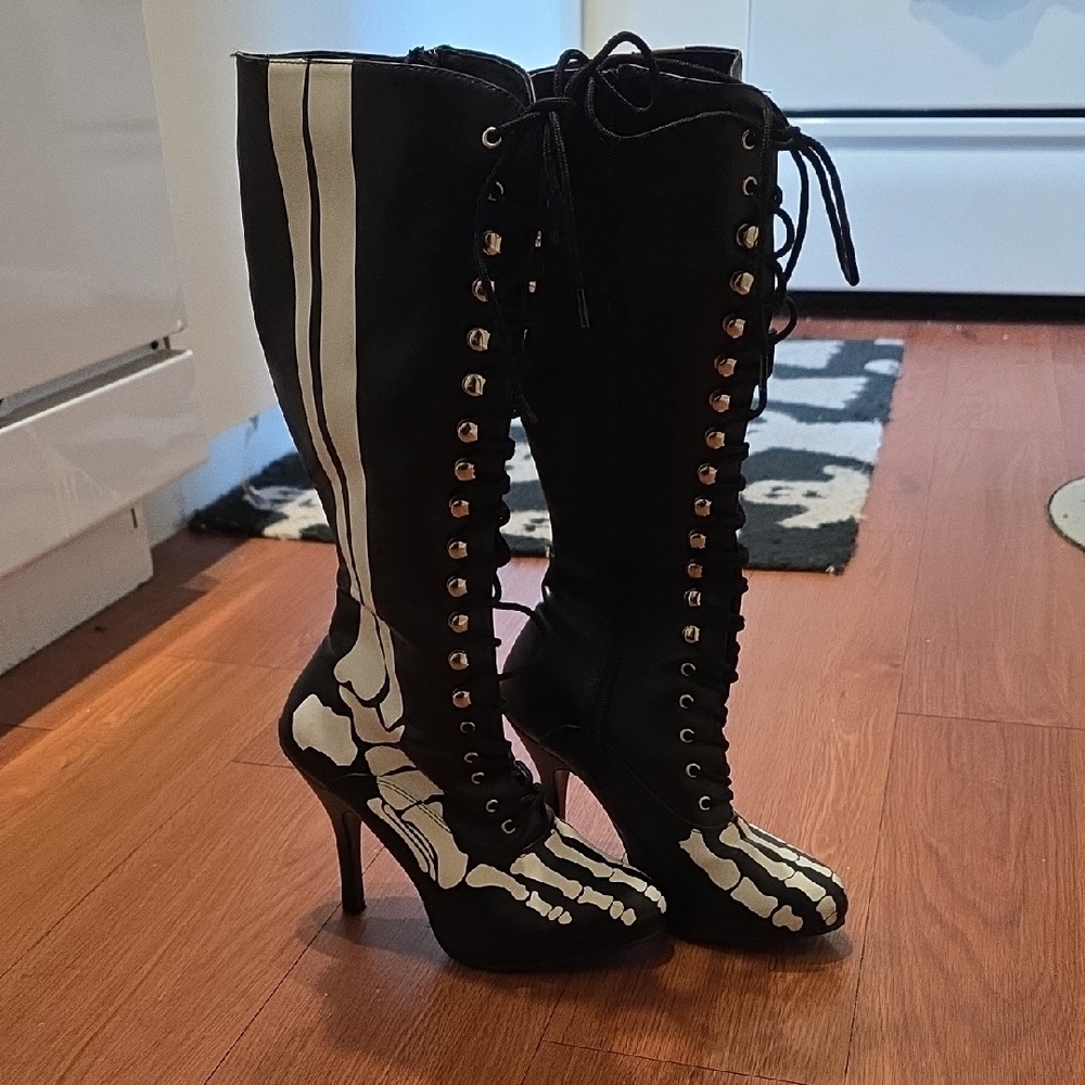 Skeleton Design Black Knee-High Boots